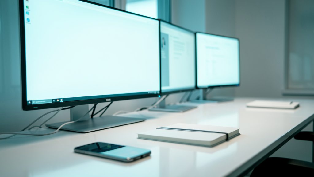 Espace de travail high-tech moderne avec plusieurs écrans lumineux, un smartphone et un carnet, ambiance numérique épurée et lumière douce.