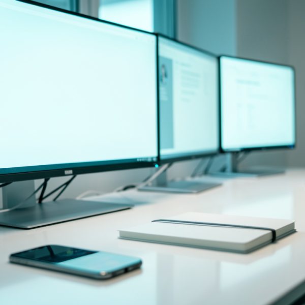 Espace de travail high-tech moderne avec plusieurs écrans lumineux, un smartphone et un carnet, ambiance numérique épurée et lumière douce.