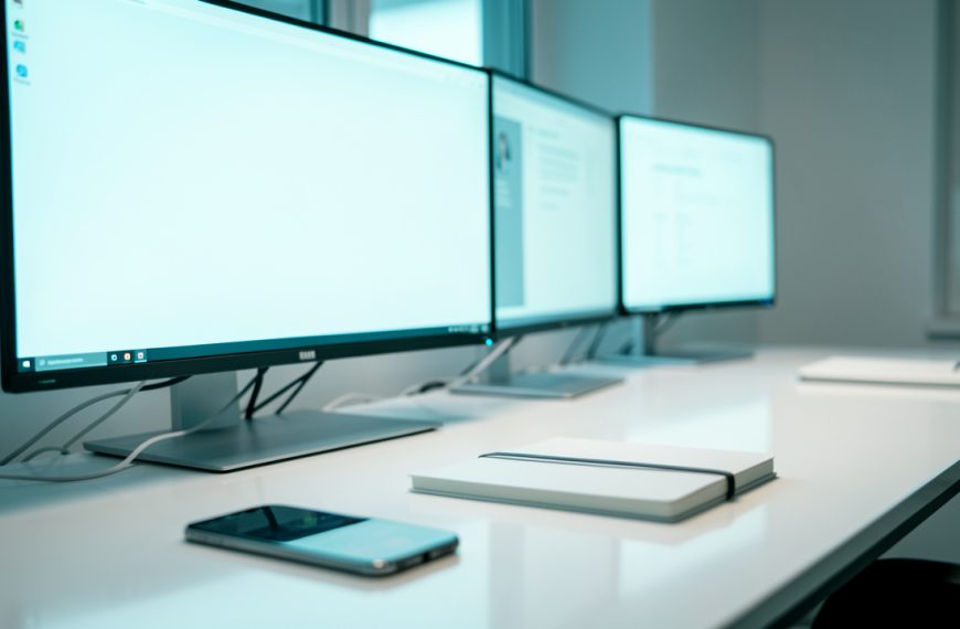 Espace de travail high-tech moderne avec plusieurs écrans lumineux, un smartphone et un carnet, ambiance numérique épurée et lumière douce.