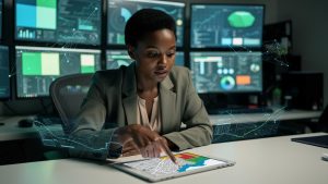 Une journaliste devant plusieurs écrans analysant l’actualité technologique, avec une carte numérique de Conakry et des graphiques réseau en arrière-plan.