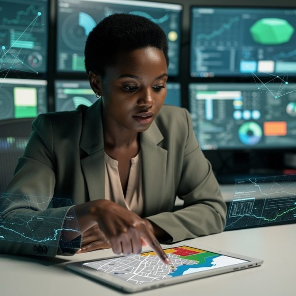 Une journaliste devant plusieurs écrans analysant l’actualité technologique, avec une carte numérique de Conakry et des graphiques réseau en arrière-plan.