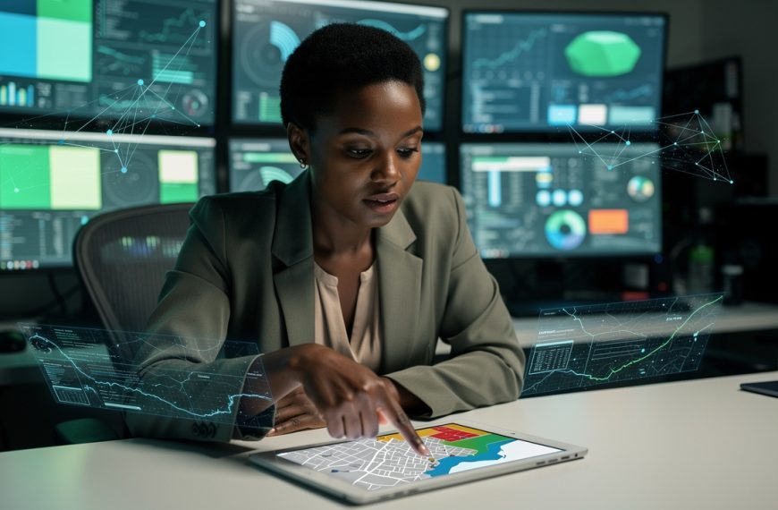Une journaliste devant plusieurs écrans analysant l’actualité technologique, avec une carte numérique de Conakry et des graphiques réseau en arrière-plan.
