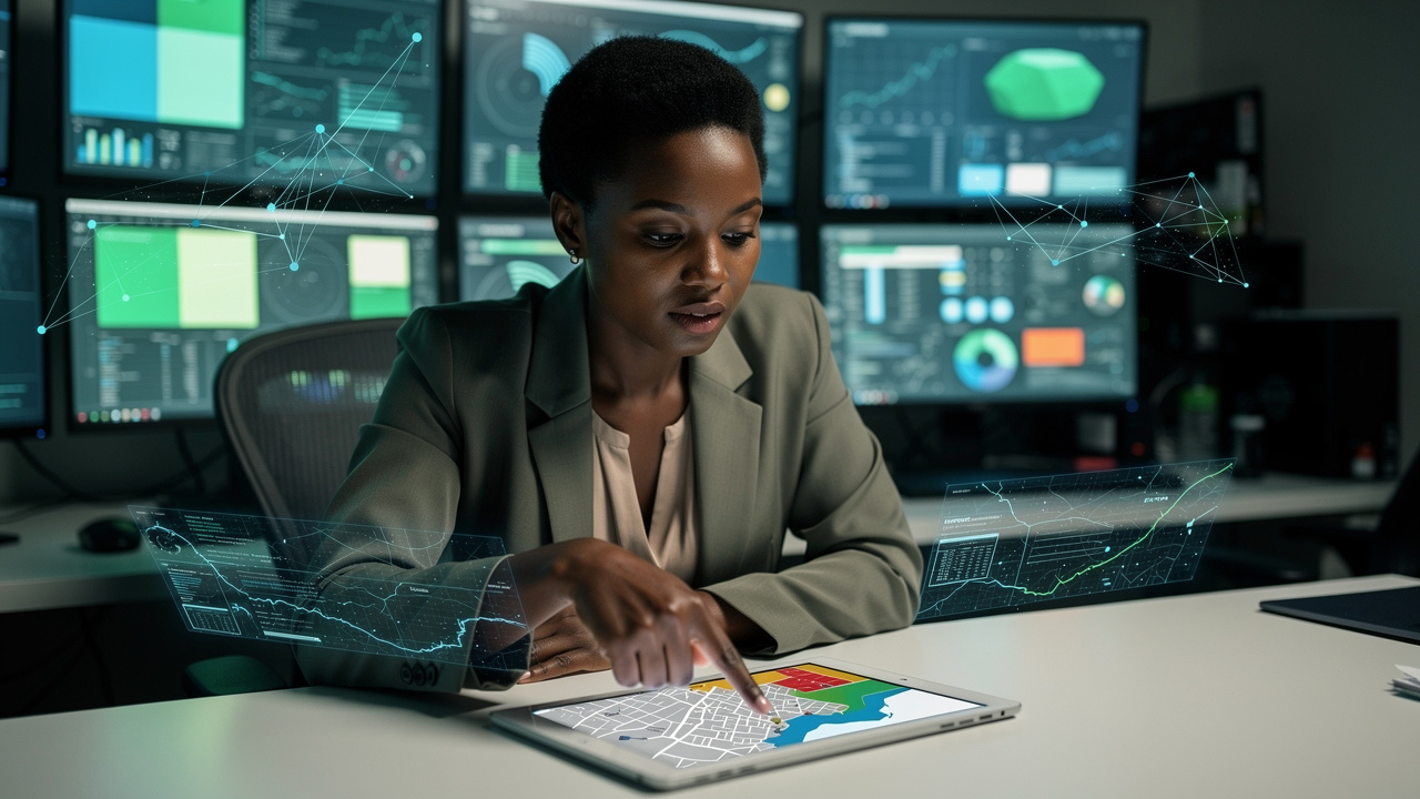 Une journaliste devant plusieurs écrans analysant l’actualité technologique, avec une carte numérique de Conakry et des graphiques réseau en arrière-plan.