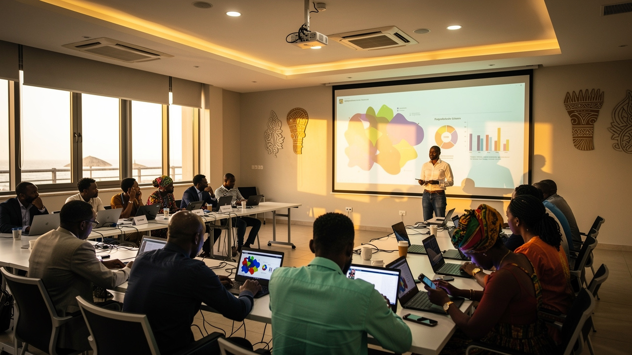 Salle de conférence tech à Conakry, participants autour de tables avec écrans affichant des graphiques abstraits et ambiance de sommet sur l’innovation africaine.