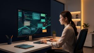 Illustration éditoriale sobre d’une jeune développeuse devant un écran présentant des interfaces technologiques abstraites et des schémas connectés d’architecture web.