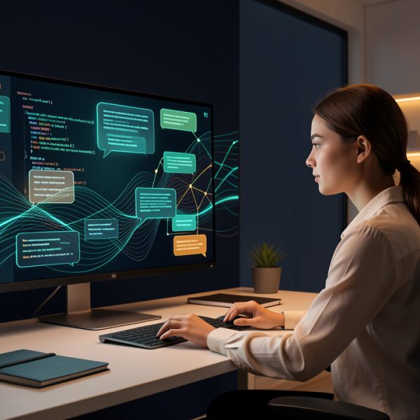 Illustration éditoriale sobre d’une jeune développeuse devant un écran présentant des interfaces technologiques abstraites et des schémas connectés d’architecture web.