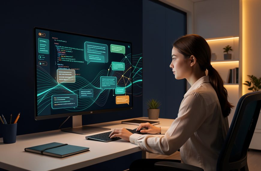 Illustration éditoriale sobre d’une jeune développeuse devant un écran présentant des interfaces technologiques abstraites et des schémas connectés d’architecture web.