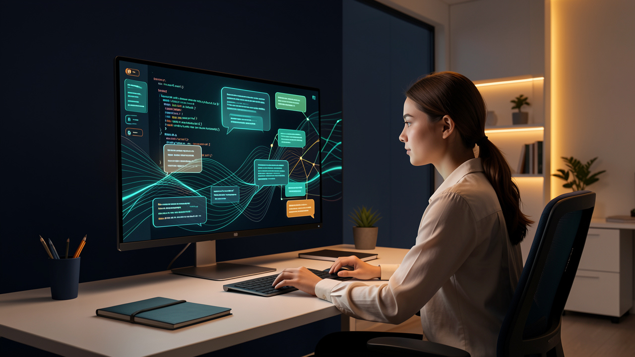 Illustration éditoriale sobre d’une jeune développeuse devant un écran présentant des interfaces technologiques abstraites et des schémas connectés d’architecture web.