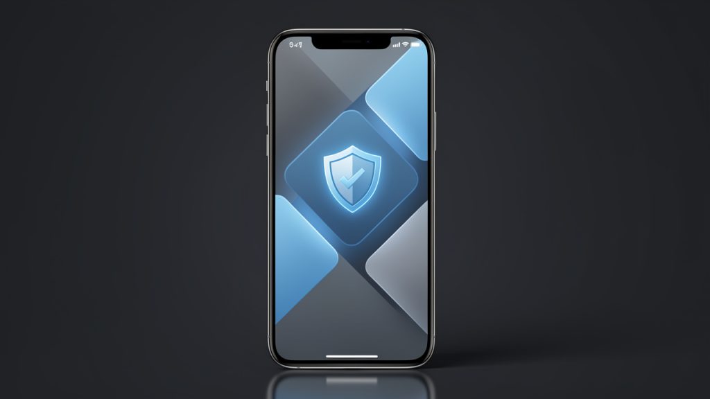 Smartphone moderne affichant une interface abstraite de mise à jour logicielle dans une ambiance technique, sobre et sécurisée.