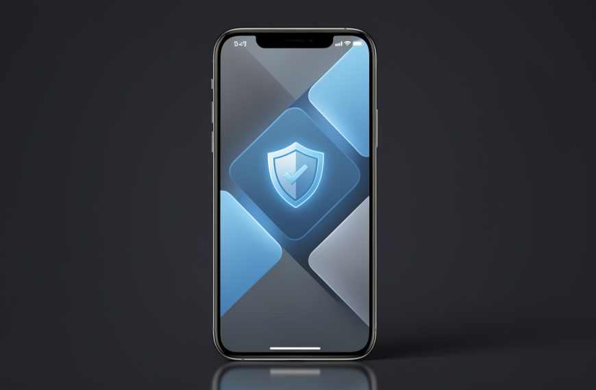 Smartphone moderne affichant une interface abstraite de mise à jour logicielle dans une ambiance technique, sobre et sécurisée.