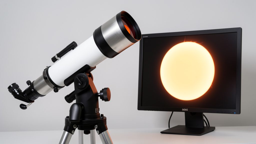 Lunette astronomique équipée d’un filtre solaire frontal blanc, installée sur une monture motorisée à côté d’un ordinateur affichant une image circulaire du Soleil.