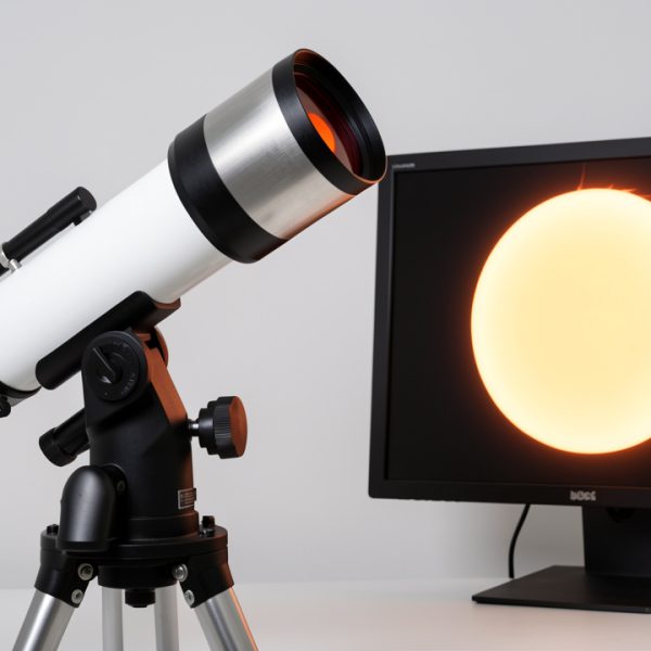Lunette astronomique équipée d’un filtre solaire frontal blanc, installée sur une monture motorisée à côté d’un ordinateur affichant une image circulaire du Soleil.