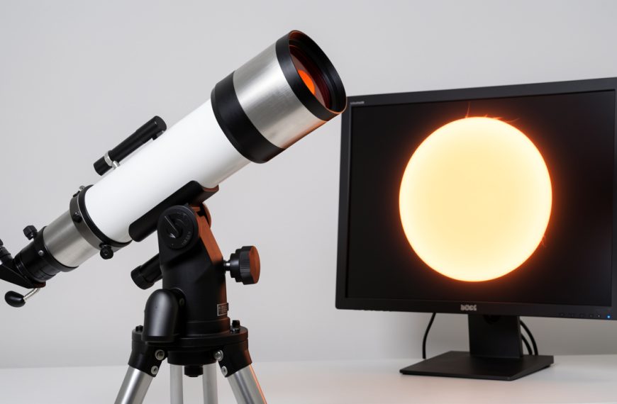 Lunette astronomique équipée d’un filtre solaire frontal blanc, installée sur une monture motorisée à côté d’un ordinateur affichant une image circulaire du Soleil.