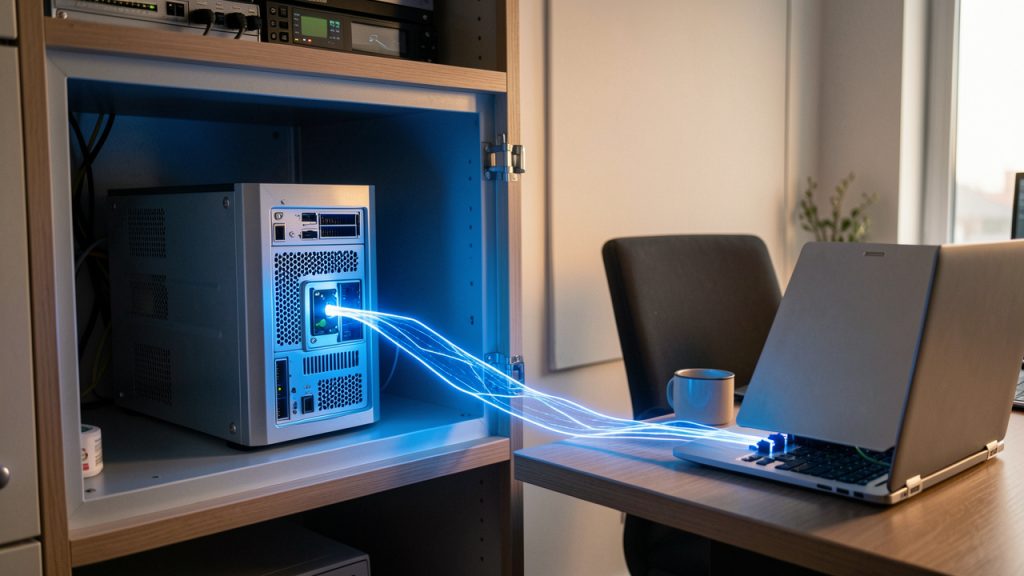 Serveur Linux domestique protégé par un tunnel réseau sécurisé et un bouclier métallique, dans un bureau moderne.