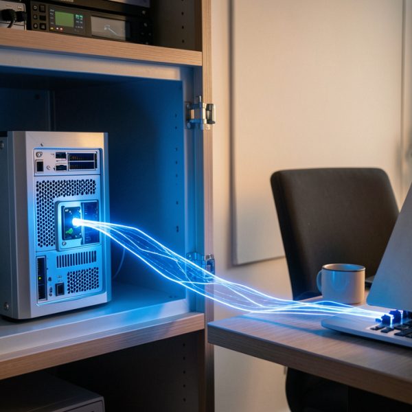 Serveur Linux domestique protégé par un tunnel réseau sécurisé et un bouclier métallique, dans un bureau moderne.