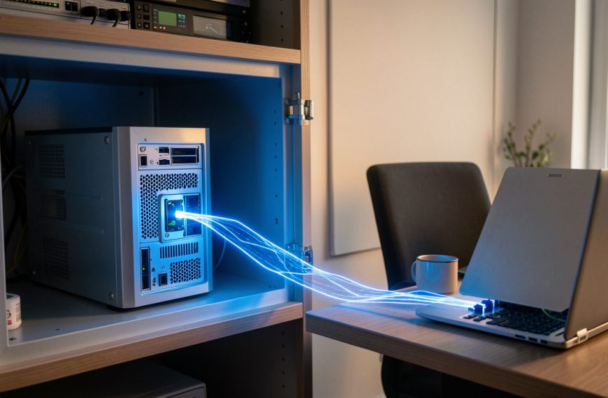 Serveur Linux domestique protégé par un tunnel réseau sécurisé et un bouclier métallique, dans un bureau moderne.