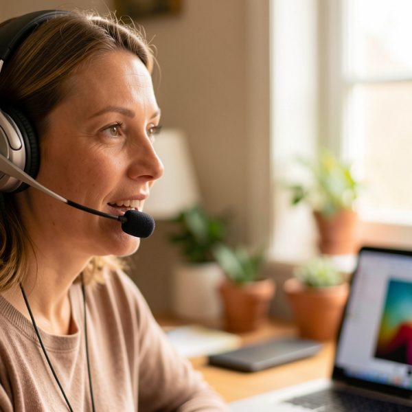 Femme portant un casque audio à réduction de bruit avec microphone, en train de parler dans un bureau à domicile pendant une visioconférence.