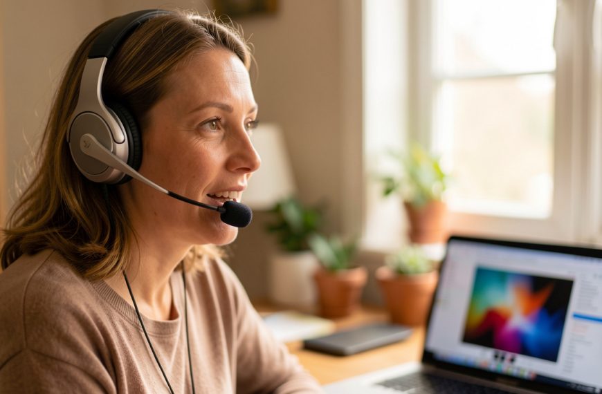 Femme portant un casque audio à réduction de bruit avec microphone, en train de parler dans un bureau à domicile pendant une visioconférence.