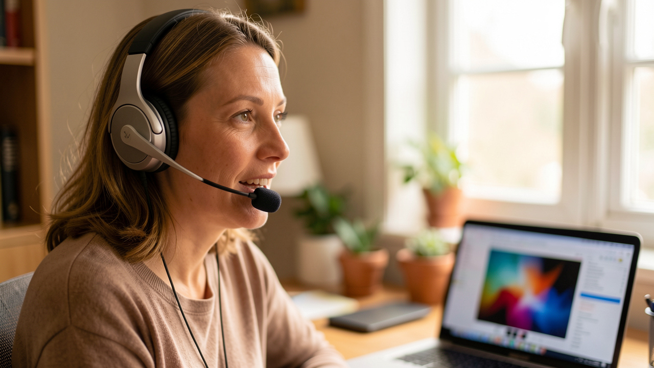 Femme portant un casque audio à réduction de bruit avec microphone, en train de parler dans un bureau à domicile pendant une visioconférence.
