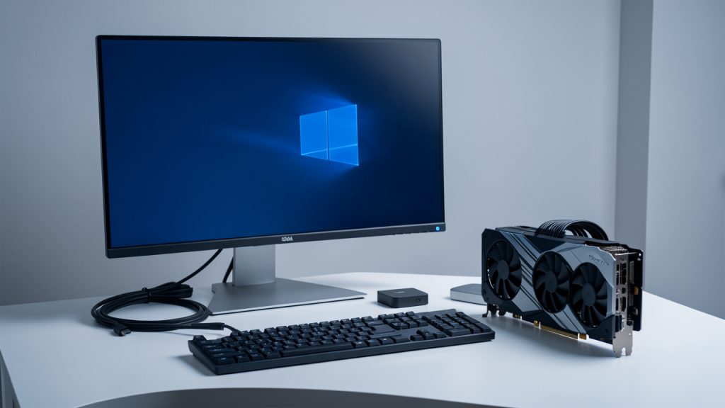 Écran 4K présenté avec un câble vidéo, une station d’accueil USB-C et une carte graphique sur un bureau moderne.