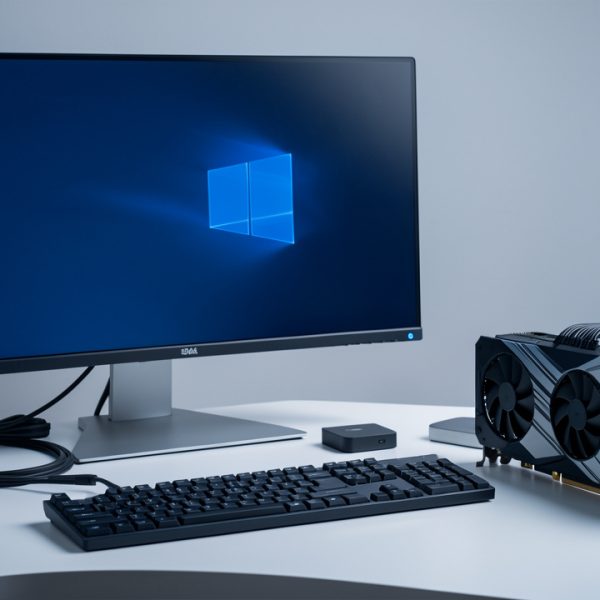 Écran 4K présenté avec un câble vidéo, une station d’accueil USB-C et une carte graphique sur un bureau moderne.