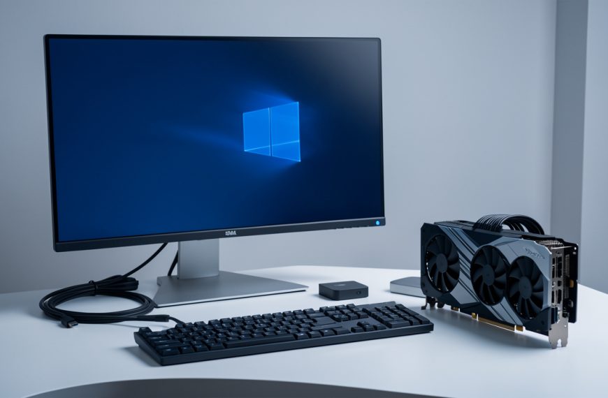 Écran 4K présenté avec un câble vidéo, une station d’accueil USB-C et une carte graphique sur un bureau moderne.