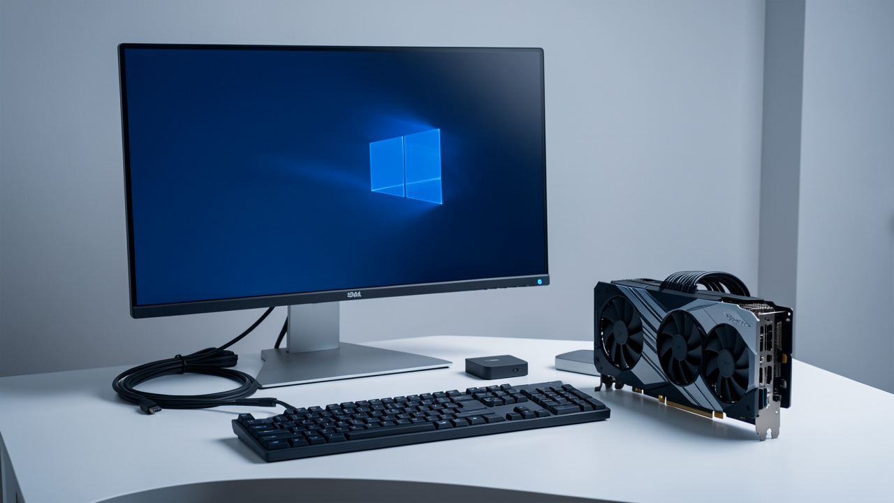 Écran 4K présenté avec un câble vidéo, une station d’accueil USB-C et une carte graphique sur un bureau moderne.