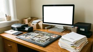 Scanner à plat numérisant des photographies anciennes et des documents d’archives familiales, avec un ordinateur et un disque dur externe sur un bureau en bois.