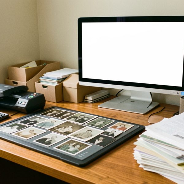Scanner à plat numérisant des photographies anciennes et des documents d’archives familiales, avec un ordinateur et un disque dur externe sur un bureau en bois.