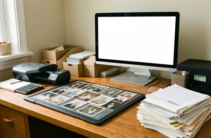 Scanner à plat numérisant des photographies anciennes et des documents d’archives familiales, avec un ordinateur et un disque dur externe sur un bureau en bois.