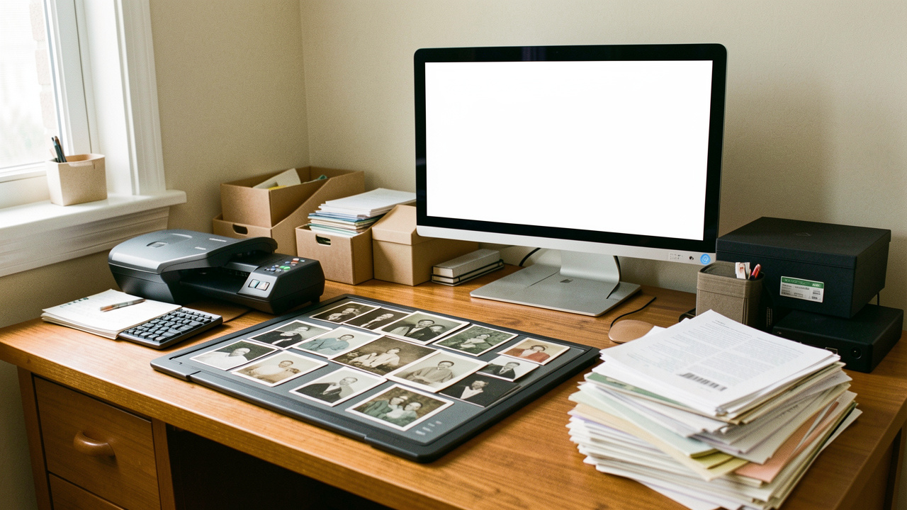 Scanner à plat numérisant des photographies anciennes et des documents d’archives familiales, avec un ordinateur et un disque dur externe sur un bureau en bois.