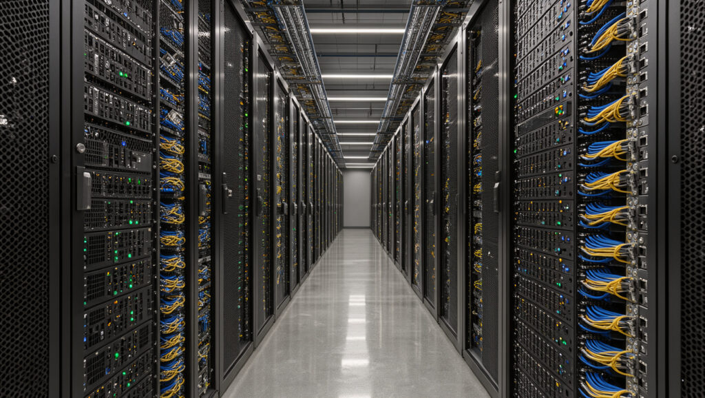 Centre de données moderne avec des baies réseau et des câbles en fibre optique bleus et jaunes sous une lumière froide.