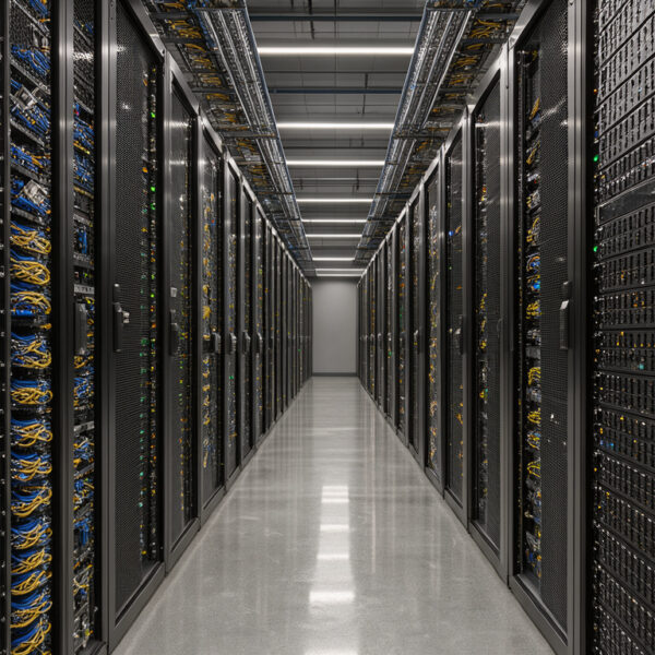 Centre de données moderne avec des baies réseau et des câbles en fibre optique bleus et jaunes sous une lumière froide.