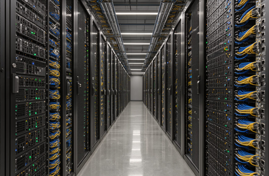 Centre de données moderne avec des baies réseau et des câbles en fibre optique bleus et jaunes sous une lumière froide.