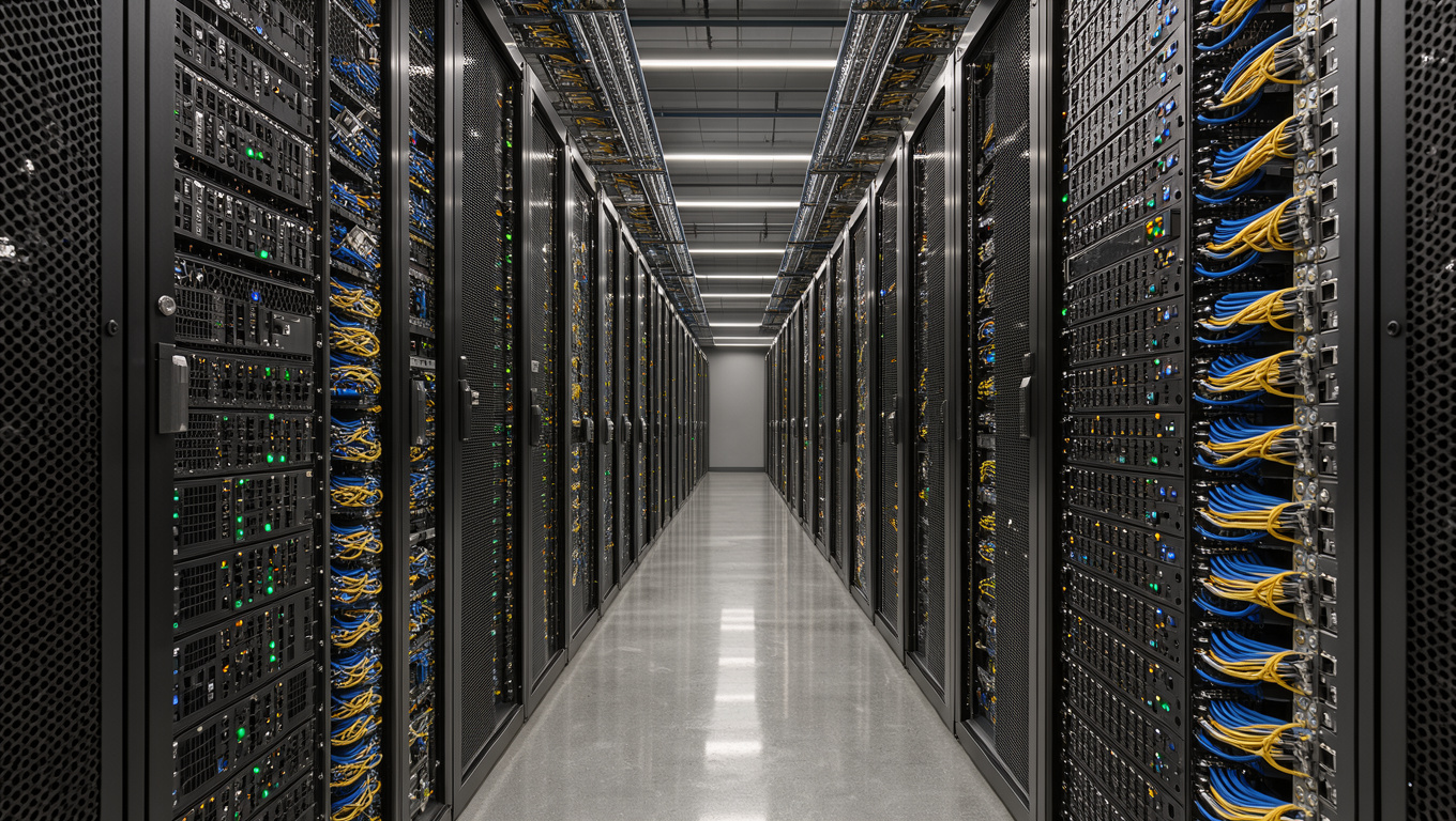 Centre de données moderne avec des baies réseau et des câbles en fibre optique bleus et jaunes sous une lumière froide.