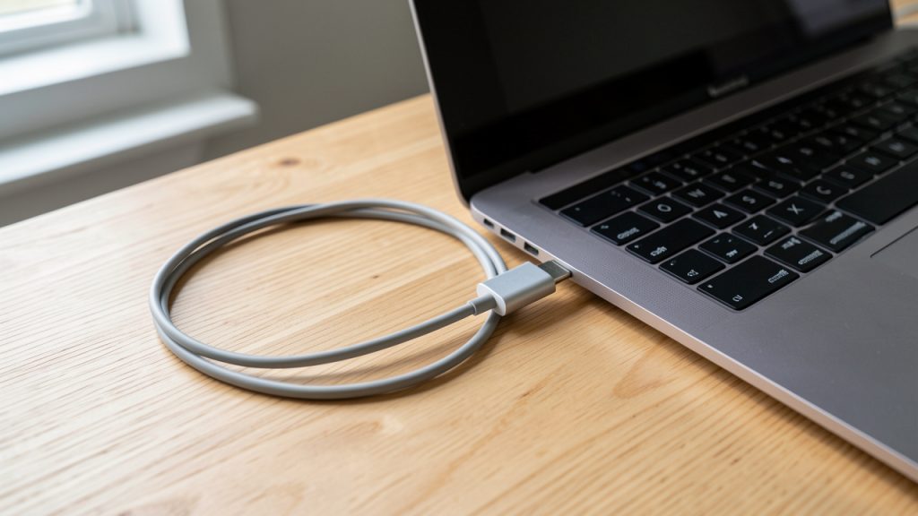Ordinateur portable posé sur un bureau en bois dégagé, relié à un adaptateur USB-C par un câble intact dans une ambiance sobre et réaliste.