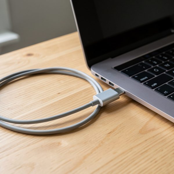 Ordinateur portable posé sur un bureau en bois dégagé, relié à un adaptateur USB-C par un câble intact dans une ambiance sobre et réaliste.