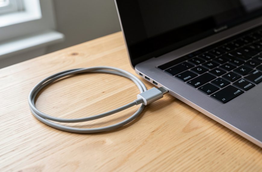 Ordinateur portable posé sur un bureau en bois dégagé, relié à un adaptateur USB-C par un câble intact dans une ambiance sobre et réaliste.