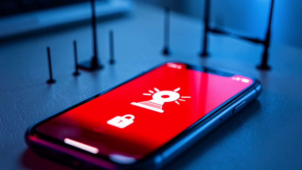Smartphone verrouillé affichant une interface d’alerte d’urgence rouge avec une icône de sirène, devant des antennes-relais floues.