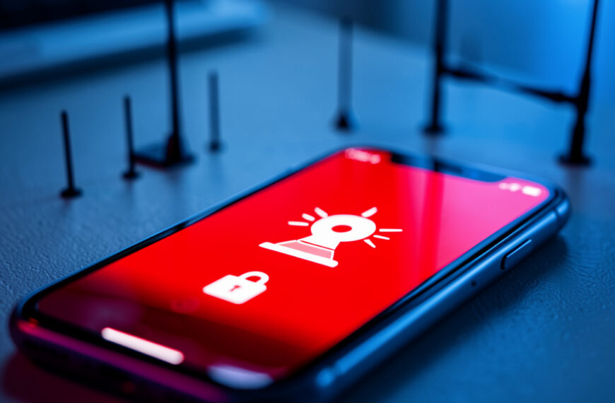 Smartphone verrouillé affichant une interface d’alerte d’urgence rouge avec une icône de sirène, devant des antennes-relais floues.